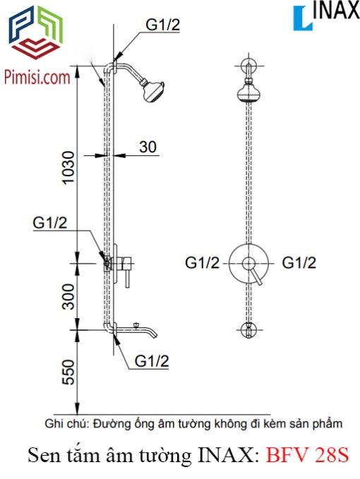 Bản vẽ kỹ thuật sen tắm đứng âm tường INAX BFV-28S nóng lạnh