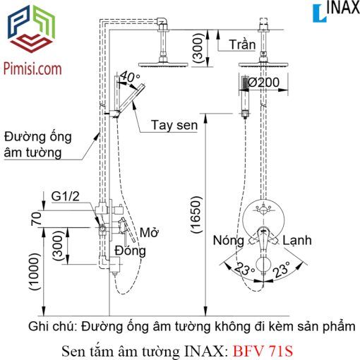Bản vẽ kỹ thuật sen tắm đứng âm tường INAX BFV-71S nóng lạnh