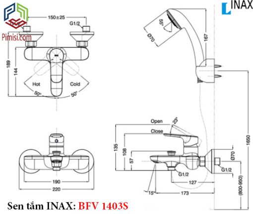 Bản vẽ kỹ thuật sen tắm nóng lạnh INAX BFV-1403S-4C