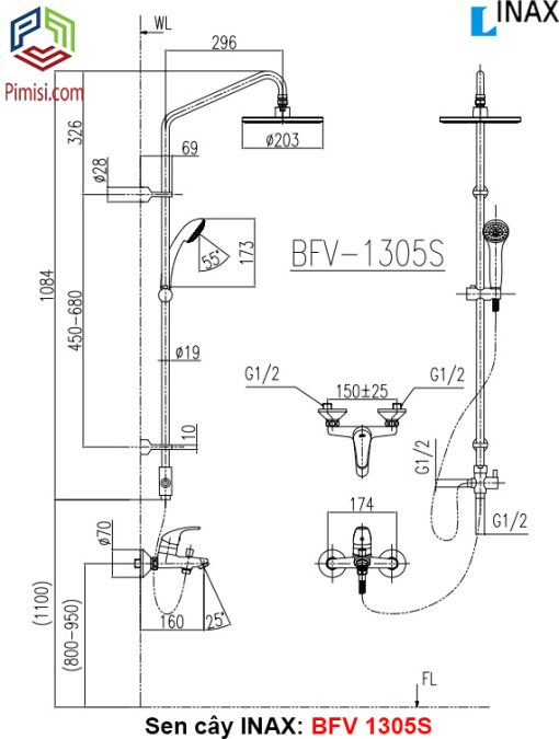 Bản vẽ sen cây INAX BFV-1305S