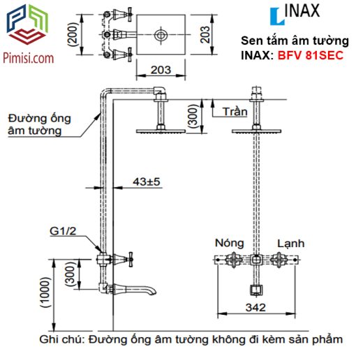 Bản vẽ sen tắm âm tường INAX BFV-81SEC nóng lạnh