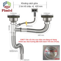 Kích thước xi phông bồn rửa chén 2 hộc Pimisi PXP-41-2