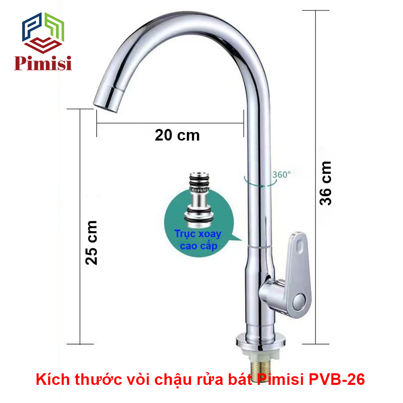 Kích thước vòi rửa chén Pimisi PVB-26 sáng bóng