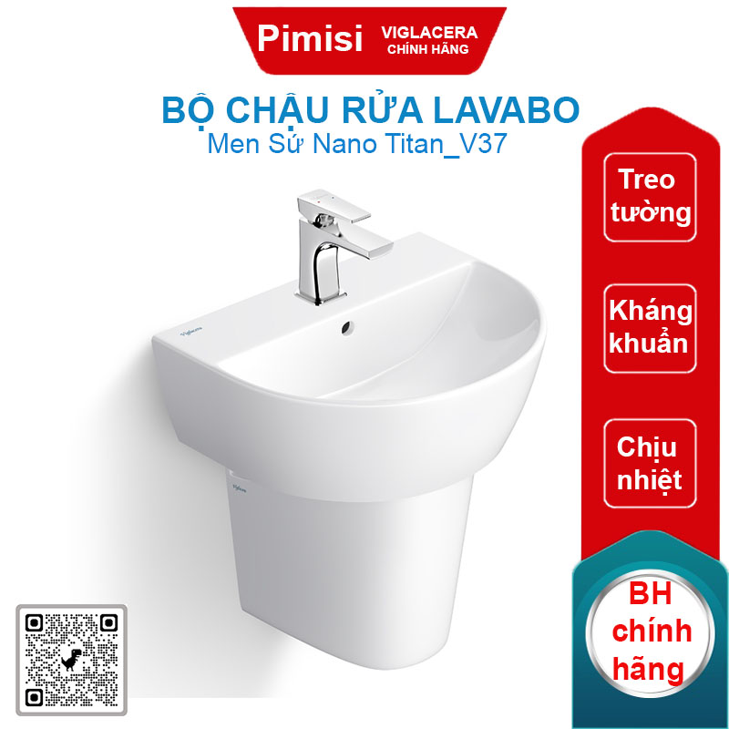 Bộ chậu rửa lavabo Viglacera V37 treo tường kèm chân ngắn