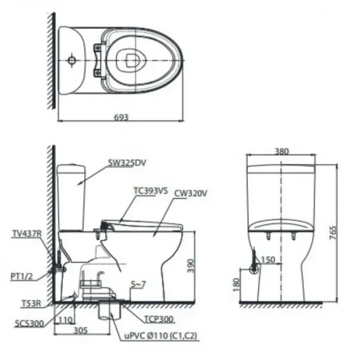 Bồn cầu 2 khối TOTO CS325DRT10 nắp TC395VS - Ảnh 2