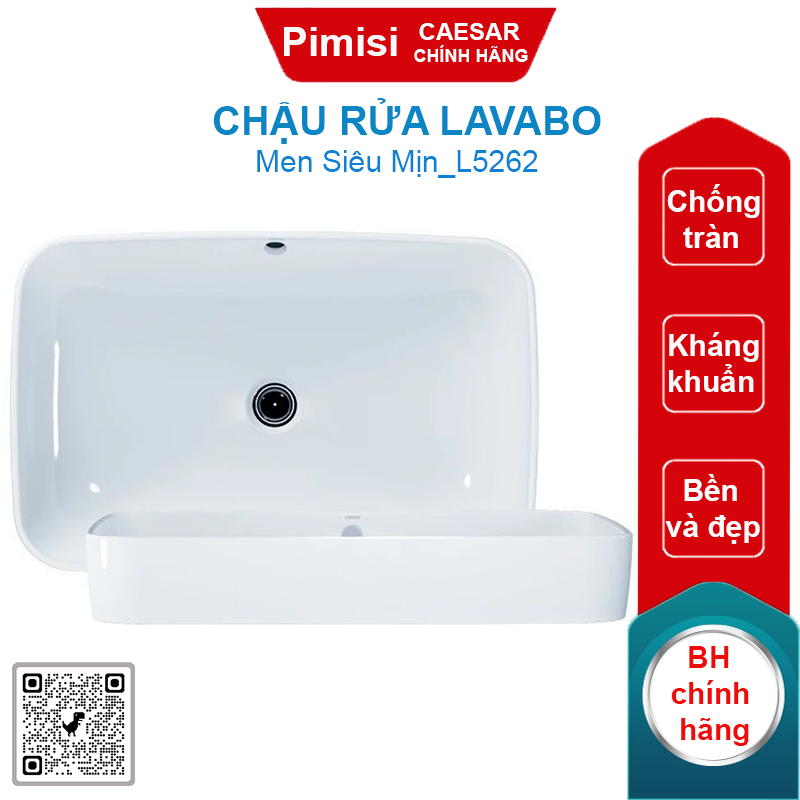 Chậu rửa lavabo Caesar L5262 đặt bàn vuông 580x380 mm