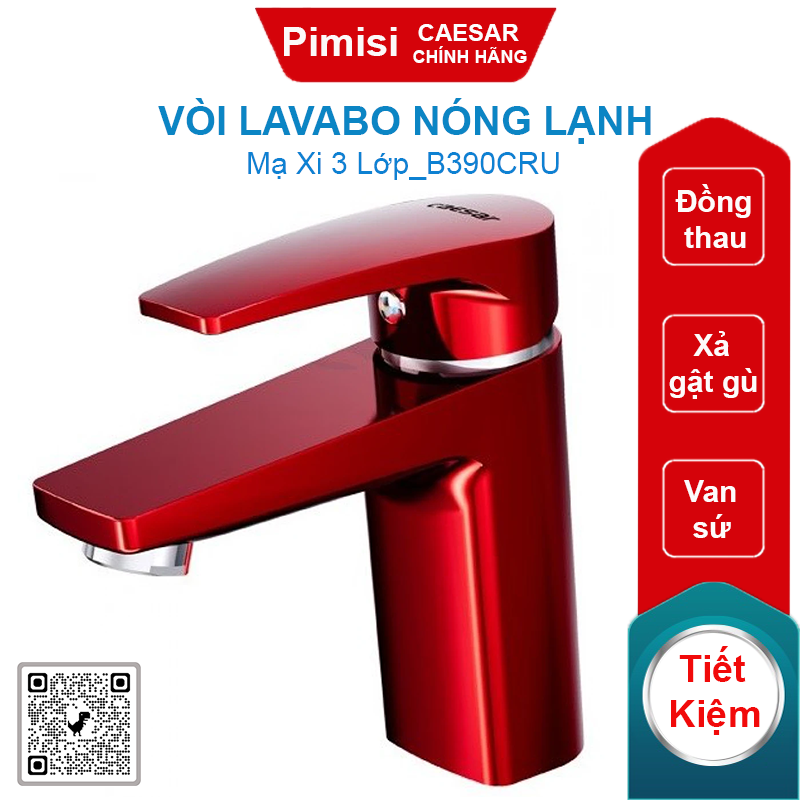 Vòi lavabo nóng lạnh CAESAR B390CRU màu đỏ mạ xi 3 lớp