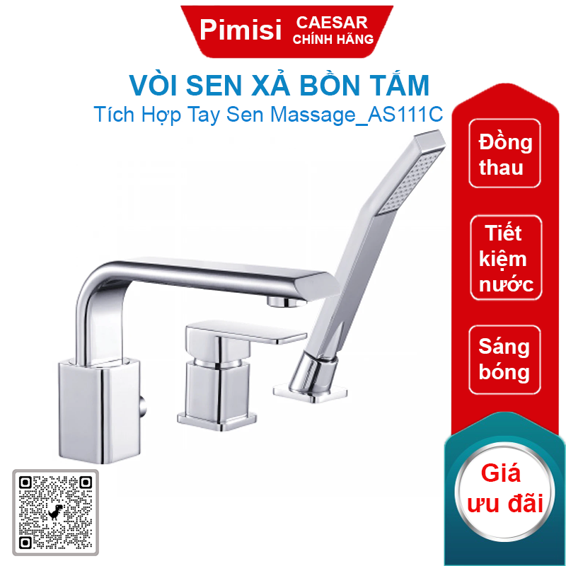 Vòi sen xả bồn tắm Caesar AS111C đồng thau mạ crom/niken sáng bóng