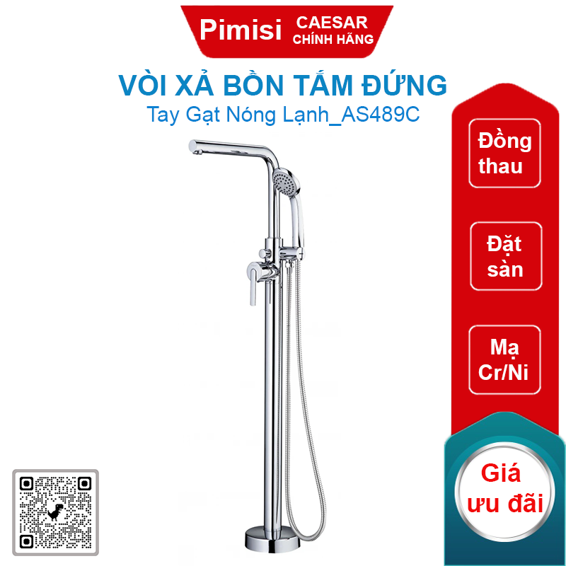 Vòi xả bồn tắm đứng CAESAR AS489C đồng thau mạ crom/niken sáng bóng