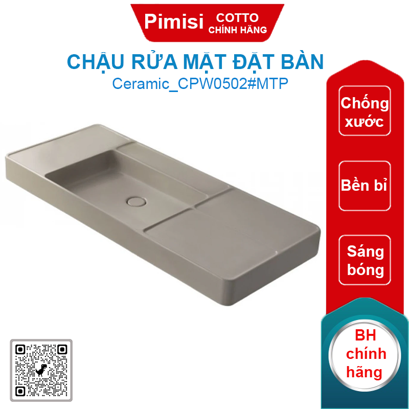 Chậu rửa mặt COTTO CPW0502#MTP đặt bàn 1200x500 mm Quil
