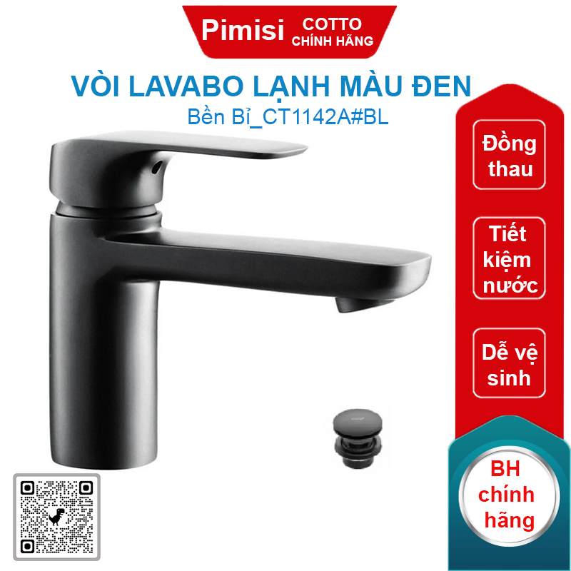 Vòi lavabo COTTO CT1142A#BL Scirocco lạnh màu đen