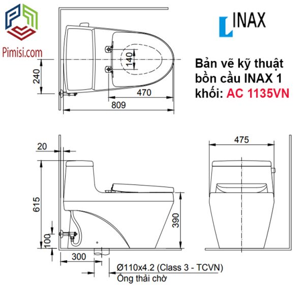 Bản vẽ kỹ thuật bồn cầu 1 khối INAX 1135VN