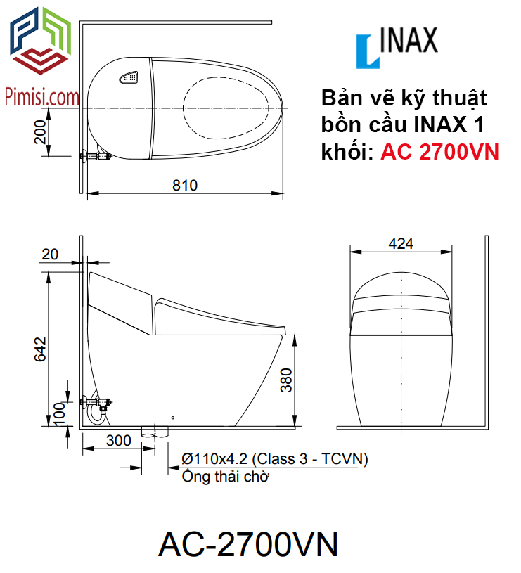 Bản vẽ kỹ thuật bồn cầu INAX 1 khối AC 2700VN