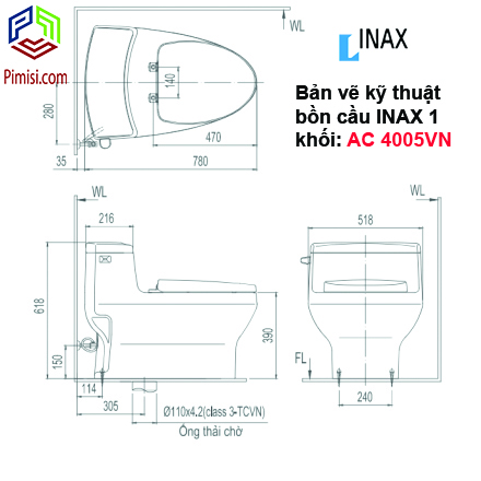 Bản vẽ kỹ thuật bồn cầu INAX 1 khối AC 4005VN