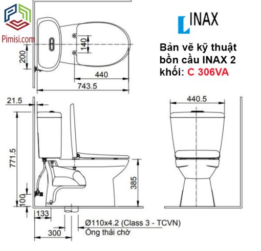Bản vẽ kỹ thuật bồn cầu 2 khối INAX C 306VAN