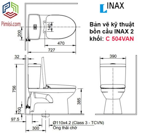Bản vẽ kỹ thuật bồn cầu 2 khối INAX AC 504VAN