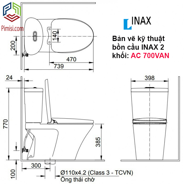 Bản vẽ kỹ thuật bồn cầu 2 khối INAX AC 700VAN
