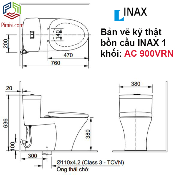 Bản vẽ kỹ thuật bồn cầu 1 khối INAX AC 900VRN