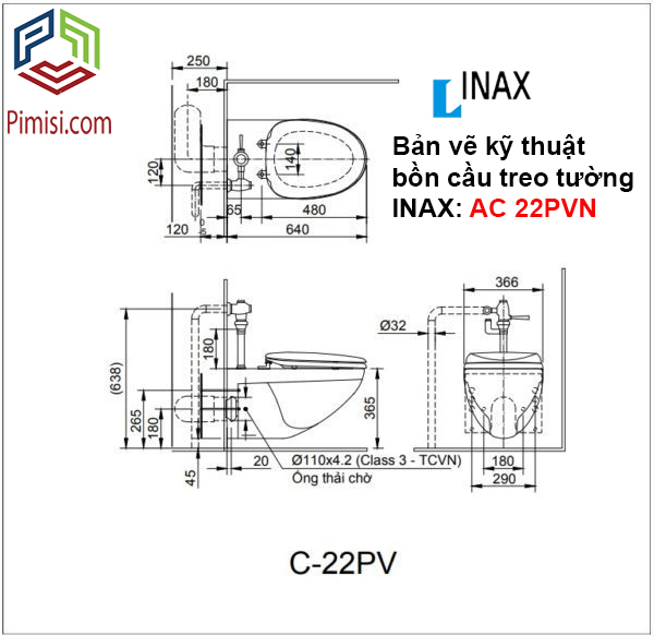 Bản vẽ kỹ thuật bồn cầu treo tường INAX AC 22PVN