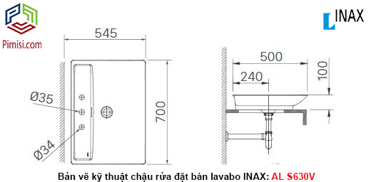 Bản vẽ kỹ thuật chậu rửa lavabo INAX AL-S630V đặt bàn đá