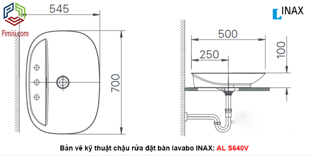 Bản vẽ kỹ thuật chậu rửa lavabo đặt bàn INAX AL-S640V