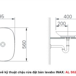 Bản vẽ kỹ thuật chậu rửa lavabo INAX AL-S620V đặt bàn đá