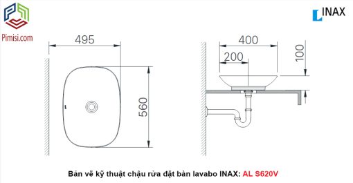 Bản vẽ kỹ thuật chậu rửa lavabo INAX AL-S620V đặt bàn đá