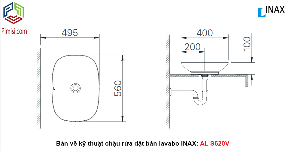 Bản vẽ kỹ thuật chậu rửa lavabo INAX AL-S620V đặt bàn đá