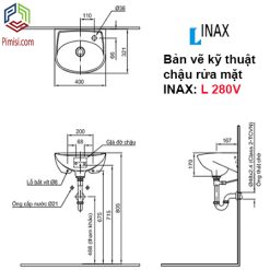 Bản vẽ kỹ thuật chậu rửa lavabo INAX L-280V treo tường