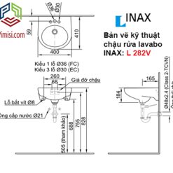 Bản vẽ kỹ thuật chậu rửa mặt lavabo INAX L-282V treo tường