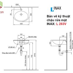 Bản vẽ kỹ thuật chậu rửa lavabo INAX L-283V treo tường