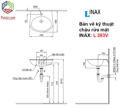 Bản vẽ kỹ thuật chậu rửa lavabo INAX L-283V treo tường