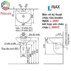Bản vẽ kỹ thuật chậu rửa mặt treo tường INAX 285 kết hợp chân ngắn L-288VC