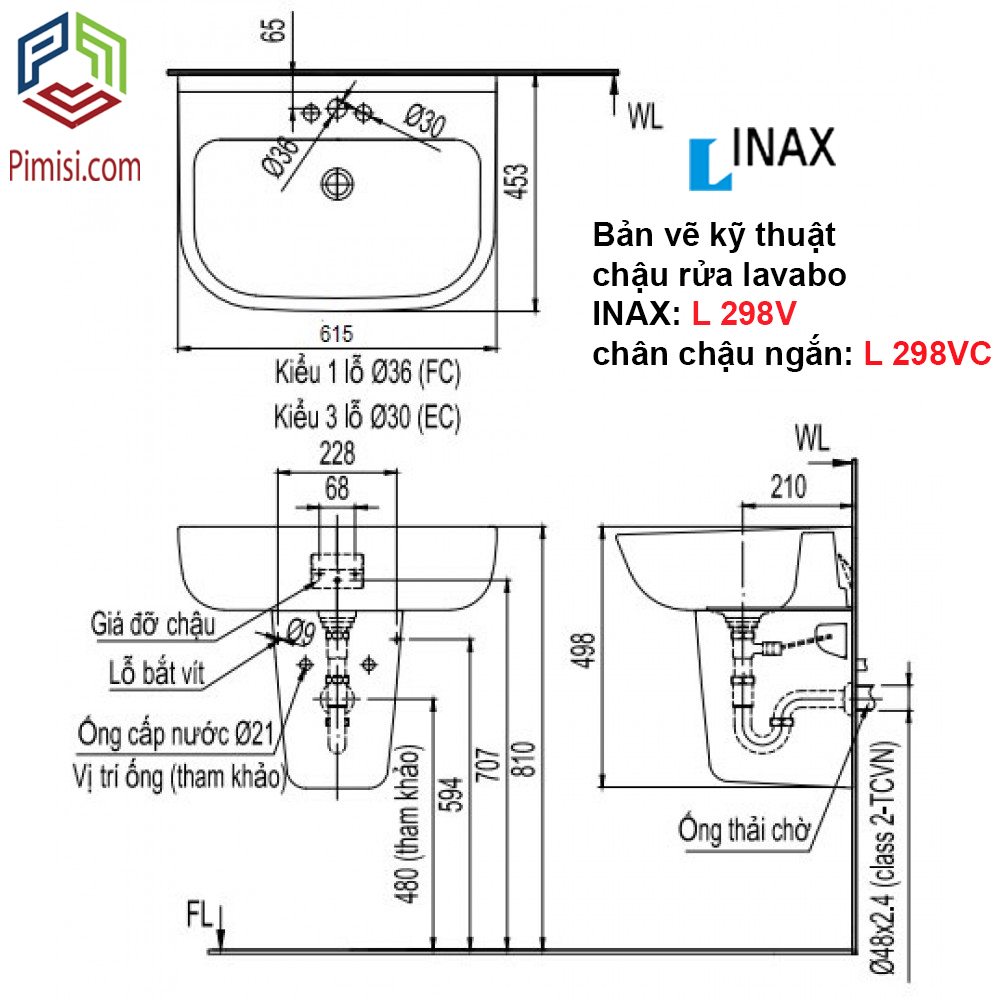 Bản vẽ kỹ thuật chậu rửa mặt treo tường INAX L 298VC (chân chậu ngắn L-298VC)