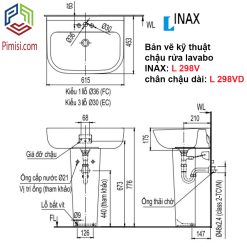 Bản vẽ kỹ thuật chậu rửa mặt treo tường INAX L 298VD (chân chậu dài L-298VD)