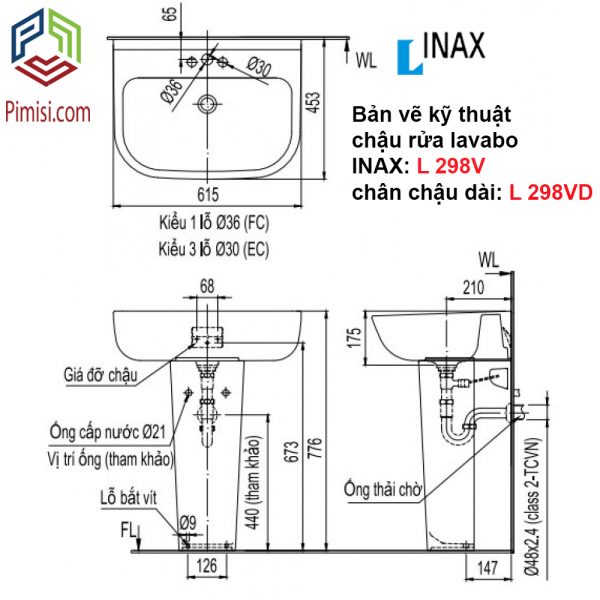 Bản vẽ kỹ thuật chậu rửa mặt treo tường INAX L 298VD (chân chậu dài L-298VD)