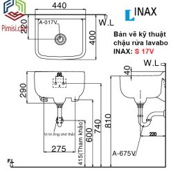 Bản vẽ kỹ thuật chậu rửa lavabo INAX S-17V gắn tường