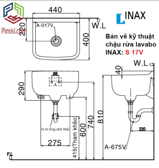 Bản vẽ kỹ thuật chậu rửa lavabo INAX S-17V gắn tường