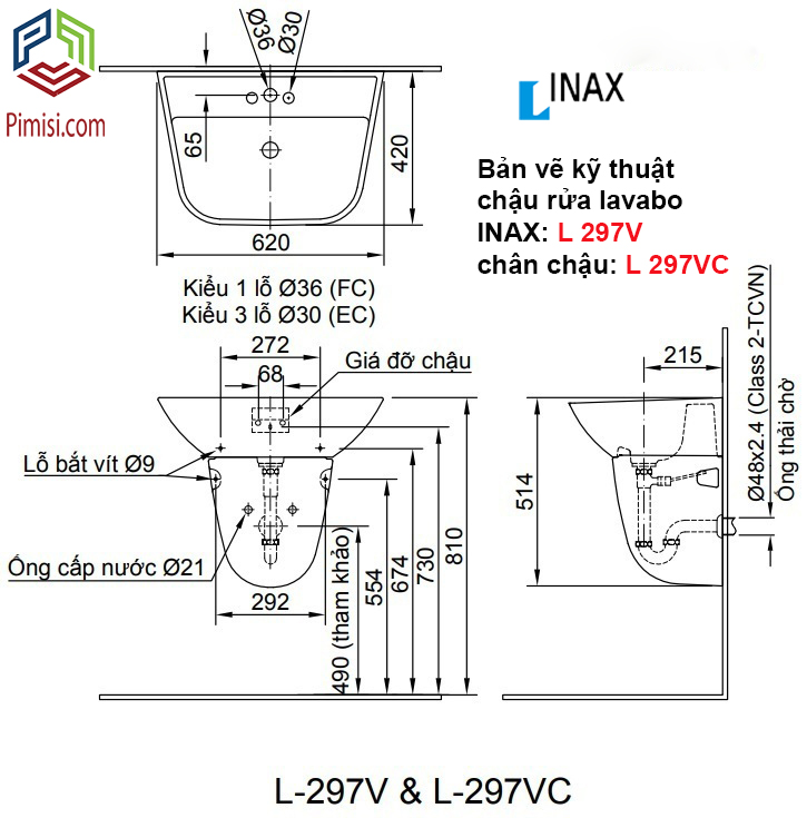 Bản vẽ kỹ thuật chậu rửa mặt treo tường INAX L 297V