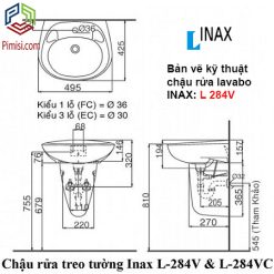 Bản vẽ kỹ thuật chậu rửa mặt lavabo INAX L 284VC treo tường