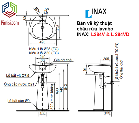 Bản vẽ kỹ thuật lavabo inax L-284VD
