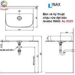 Bản vẽ kỹ thuật chậu rửa đặt bàn lavabo INAX AL-632V