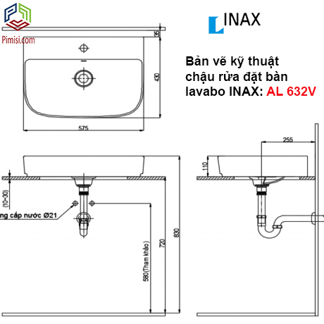 Bản vẽ kỹ thuật chậu rửa đặt bàn lavabo INAX AL-632V