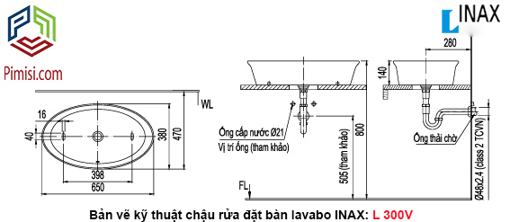 Bản vẽ kỹ thuật chậu rửa đặt bàn lavabo INAX AL-300V