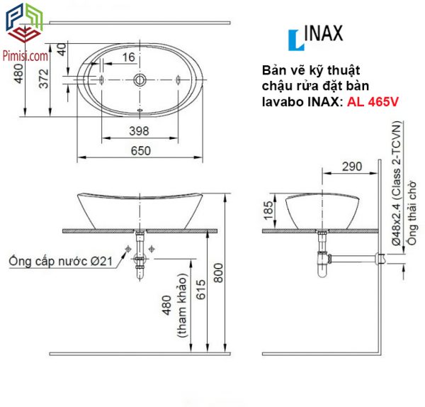Bản vẽ kỹ thuật chậu rửa đặt bàn lavabo INAX AL-465V