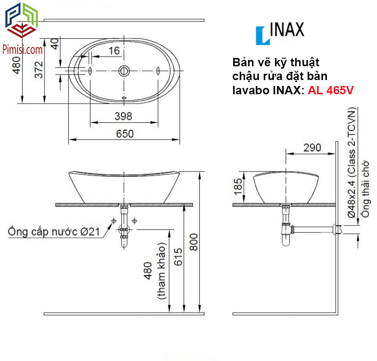 Bản vẽ kỹ thuật chậu rửa đặt bàn lavabo INAX L-465V
