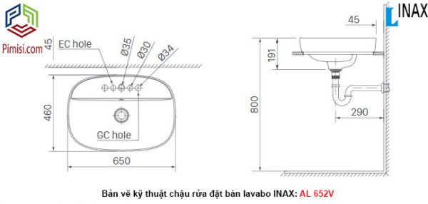 Bản vẽ kỹ thuật chậu rửa mặt đặt bàn lavabo INAX AL-652V