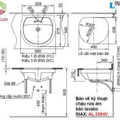 Bản vẽ kỹ thuật chậu rửa âm bàn lavabo INAX AL-2094V