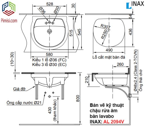 Bản vẽ kỹ thuật chậu rửa âm bàn lavabo INAX AL-2094V