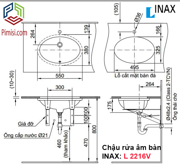 Bản vẽ kỹ thuật chậu rửa âm bàn lavabo INAX L-2216V